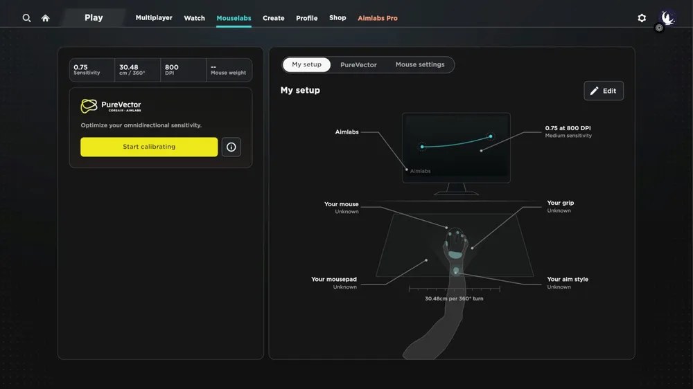 AimlabsのMouselabsからキャリブレーションを開始する画面